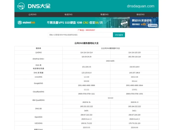 全国DNS服务器IP地址大全 公共DNS大全 dns地址大全 dns大全