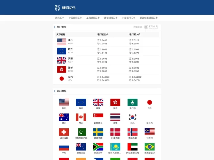 今日外汇牌价 银行外汇牌价 外汇牌价查询 牌价123