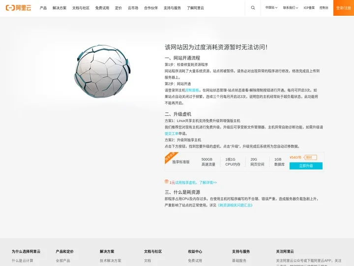 阿里云万网耗资源关停页面