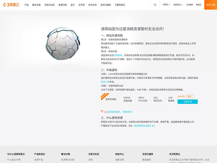 阿里云万网耗资源关停页面